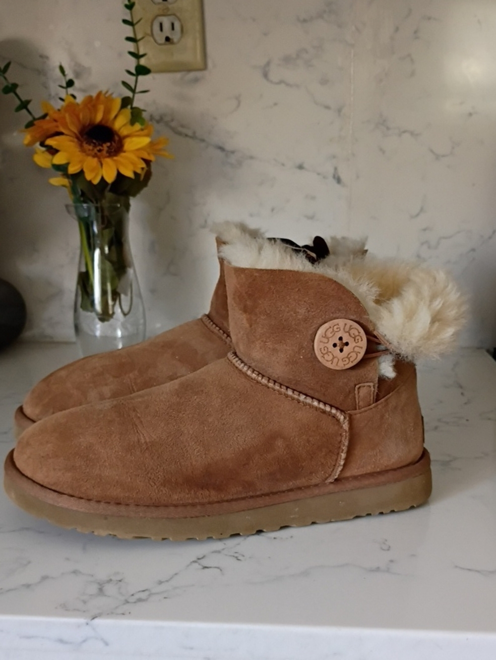 UGG Chestnut Suede Shearling Button Mini Boots